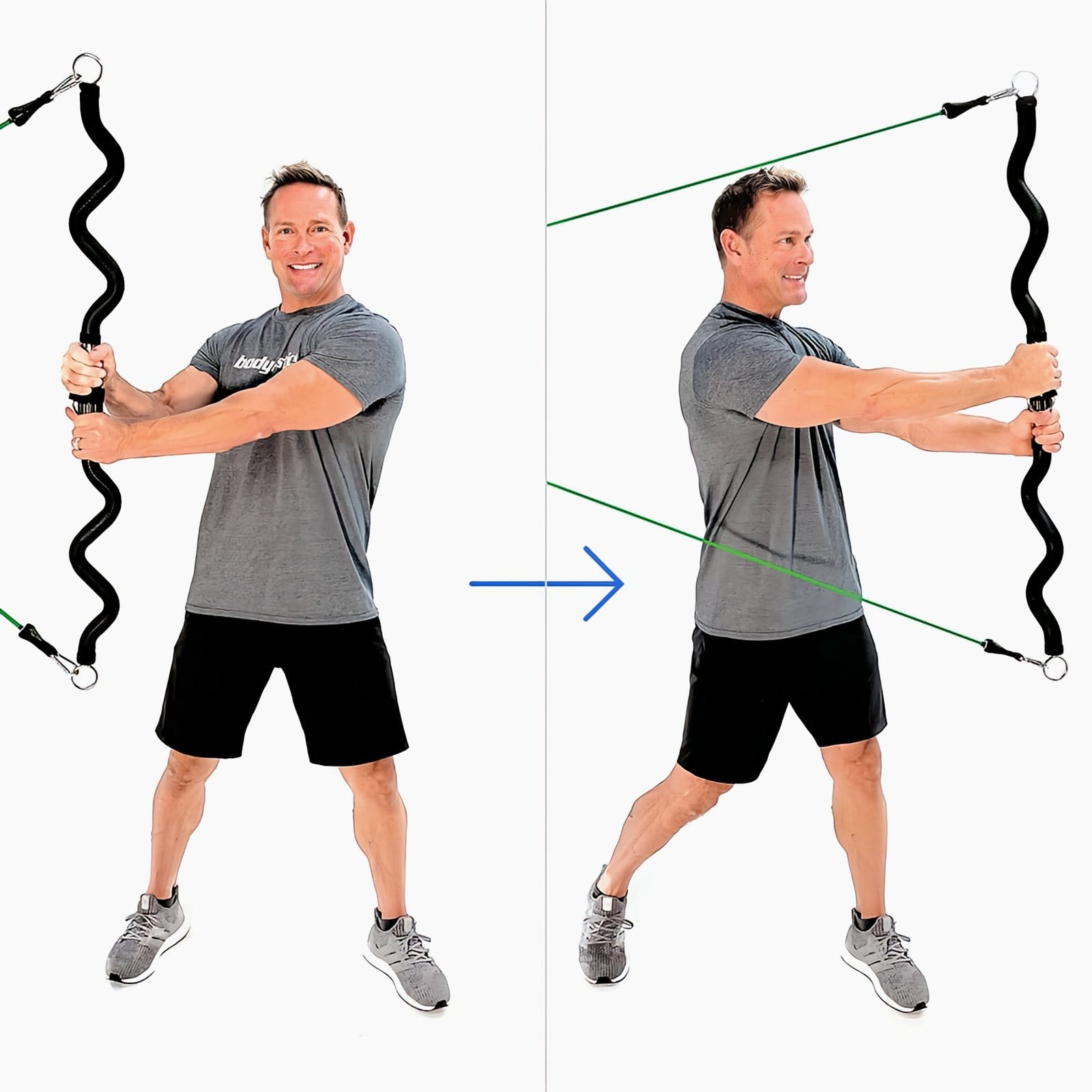 A man in a gray Bodylastics T-shirt holds a Resistance Band Bar upright with straight arms toward a side anchor, then twists his torso away from it.