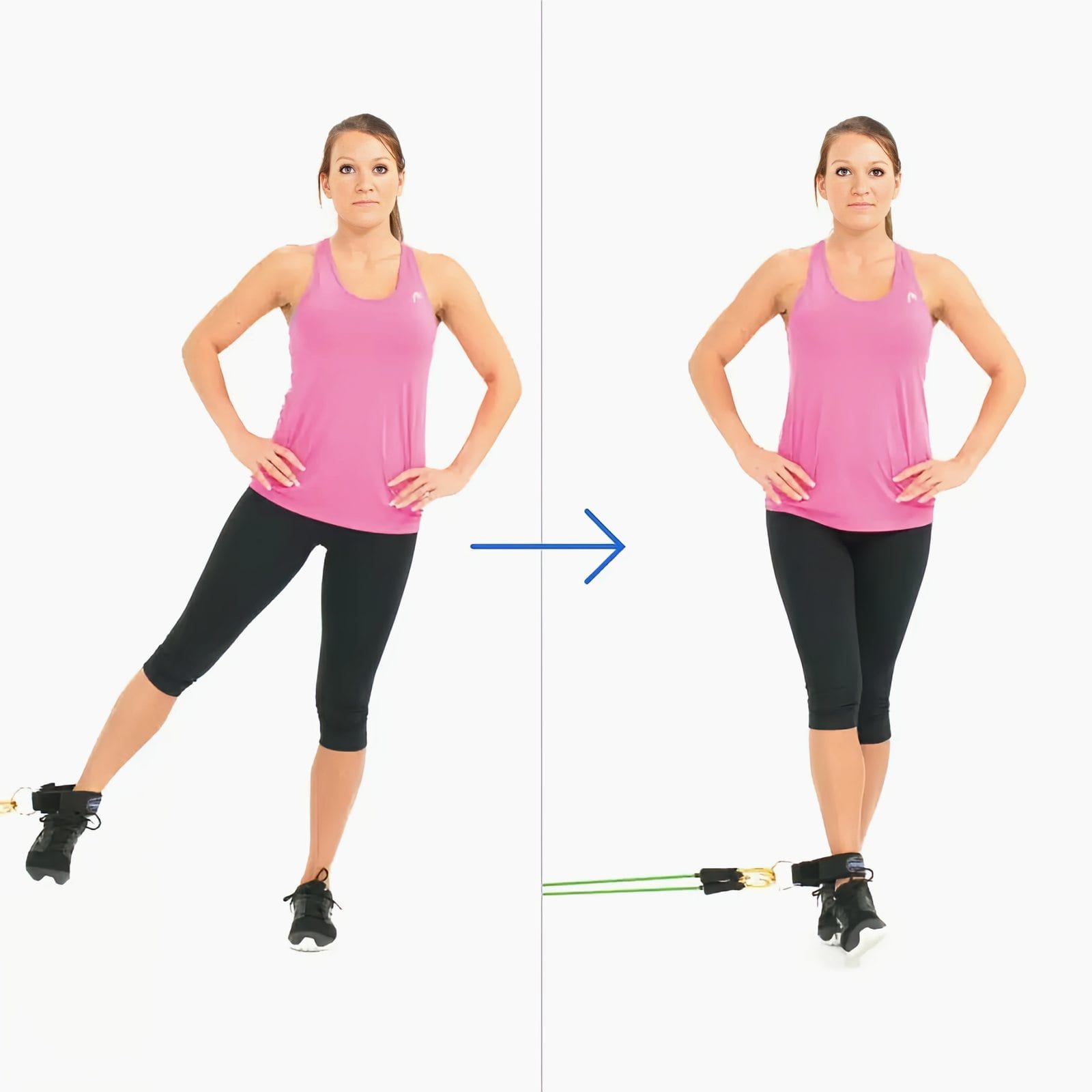 Woman with hands on hips and an ankle strap on one leg pulls that leg from out to the side across in front of her standing foot.