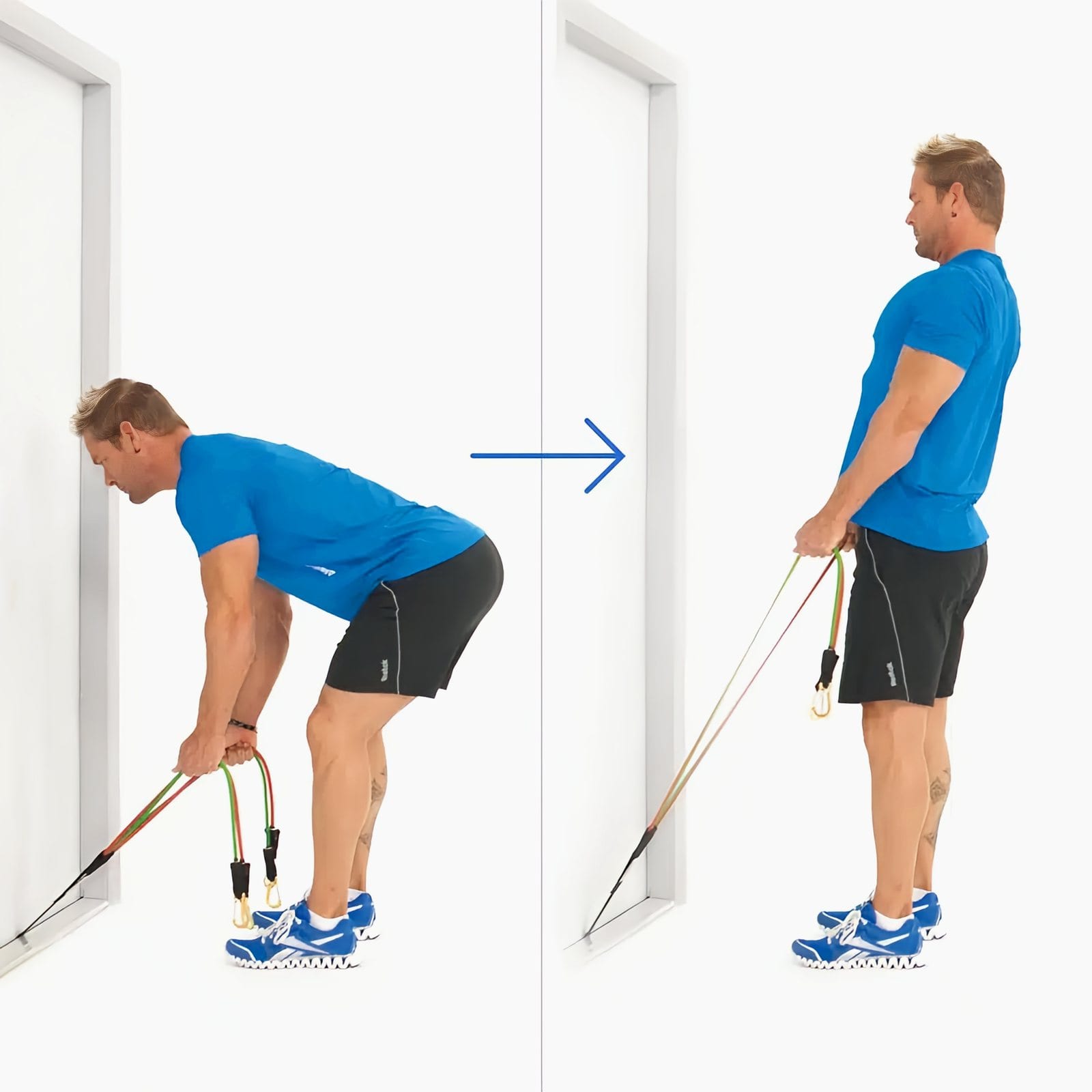 Man bent forward facing a door, holding the band from a low anchor with straight arms, then standing up straight with the band stretched.