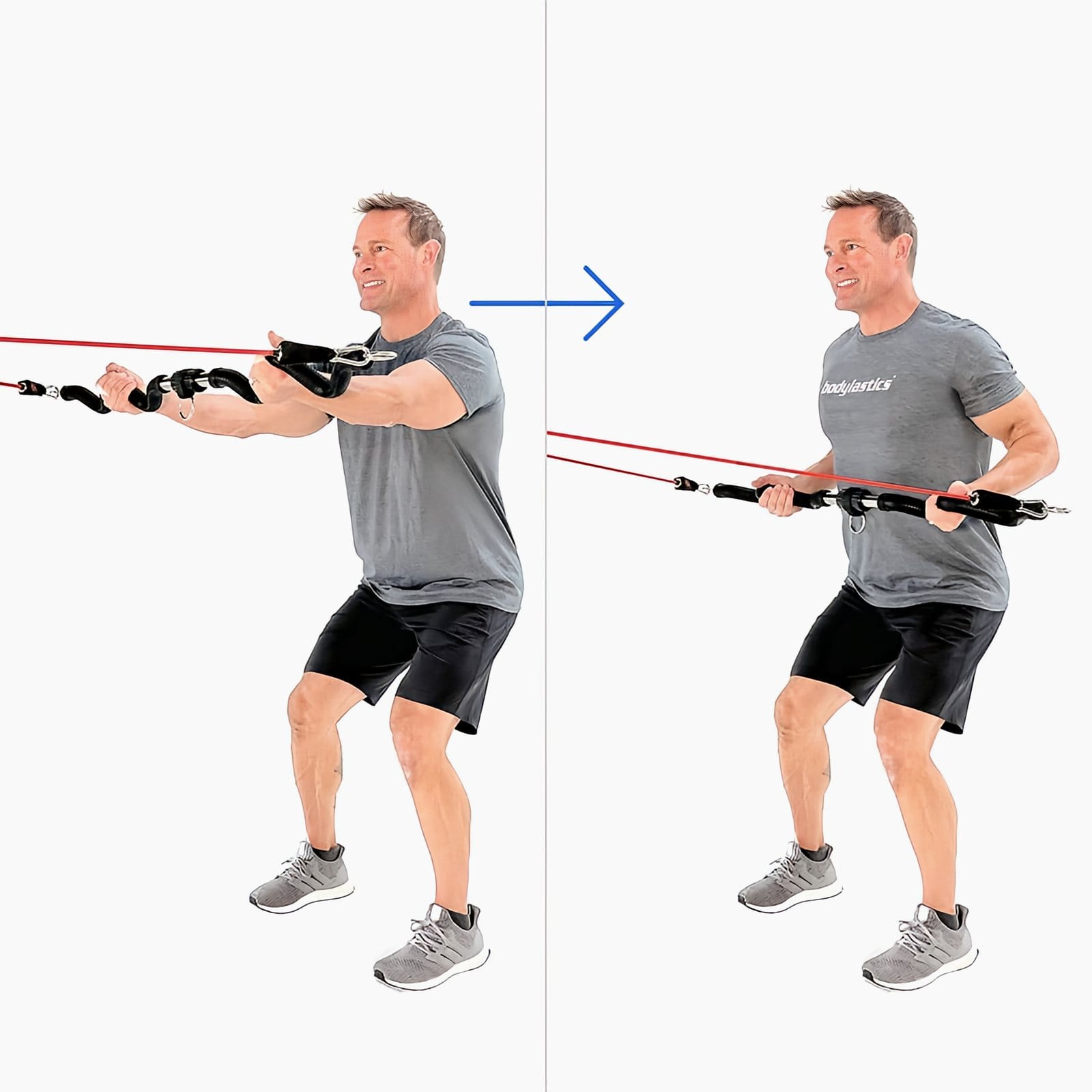 A man in a gray Bodylastics T-shirt stands with knees bent holding a Resistance Band Bar out in front from a chest-high anchor, then rows it to his stomach.