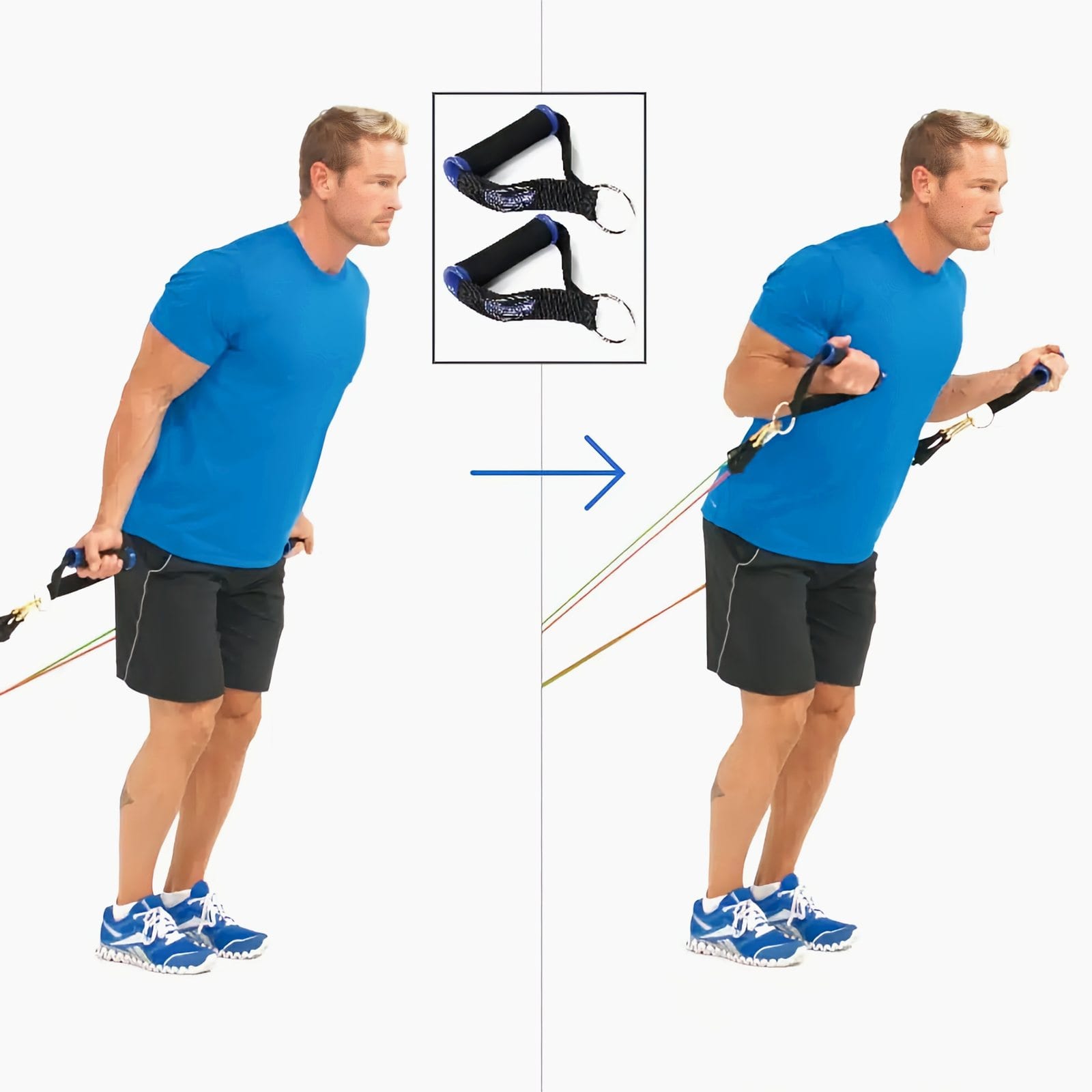 Man with his back to a low door anchor, leaning slightly forward with handles at his sides, then curling the handles to chest height.