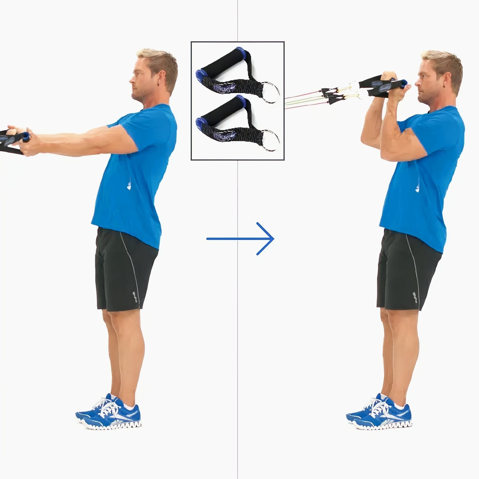 Man facing a chest-height anchor with arms straight out holding handles, then curling the handles up to his face.
