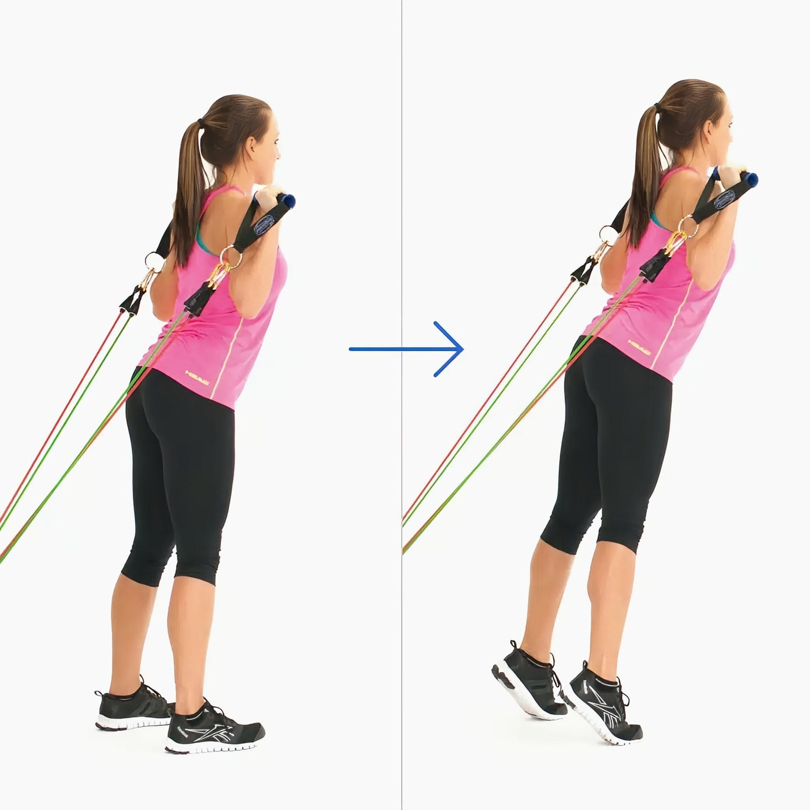 Woman with her back to a door holds handles at her shoulders, bands anchored low, rising from flat feet onto her toes.