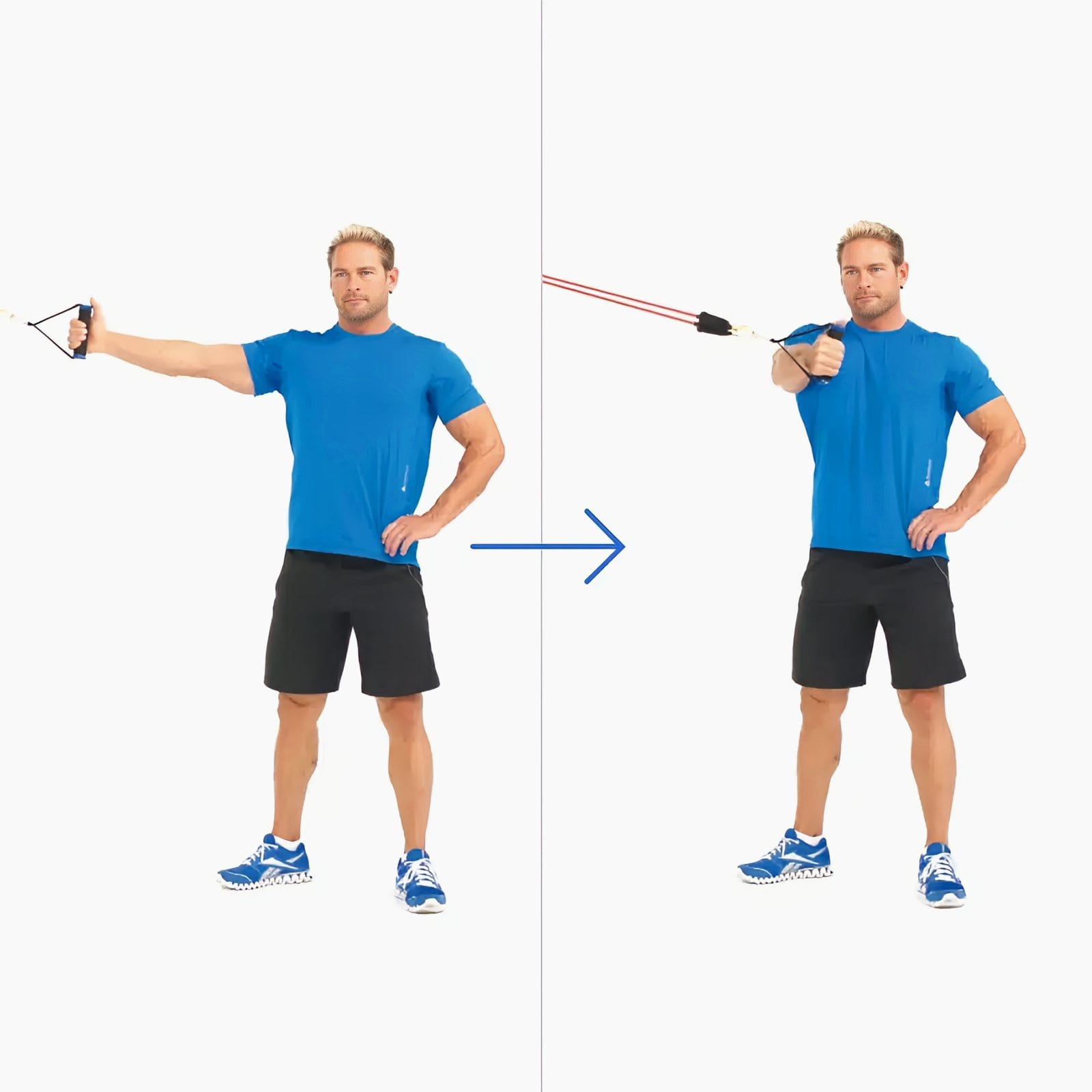 Man standing side-on to a high anchor, arm out to the side holding a handle, then sweeping it down and across in front of his chest.
