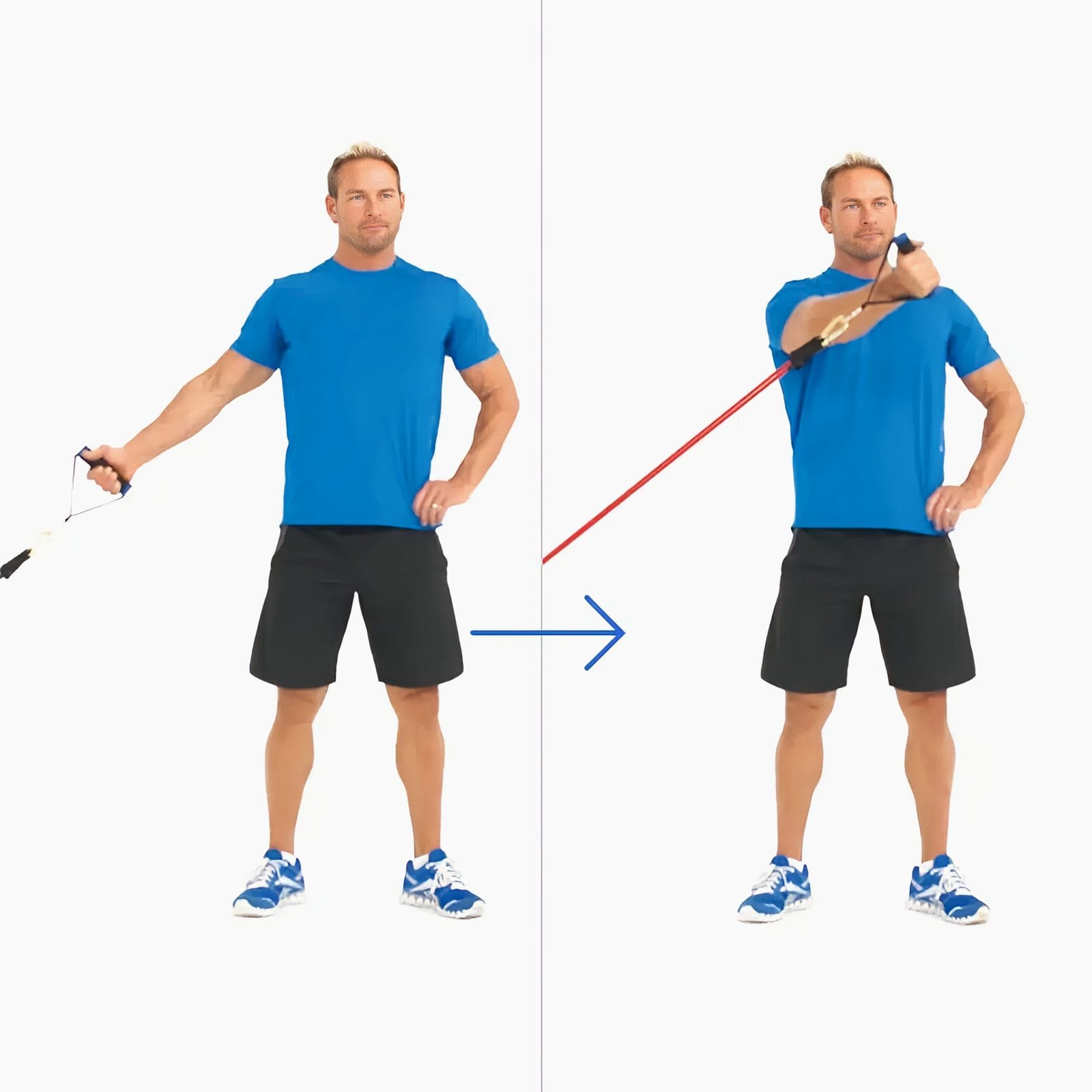 Man standing side-on to a low anchor, arm angled down holding a handle, then sweeping it up and across in front of his chest.