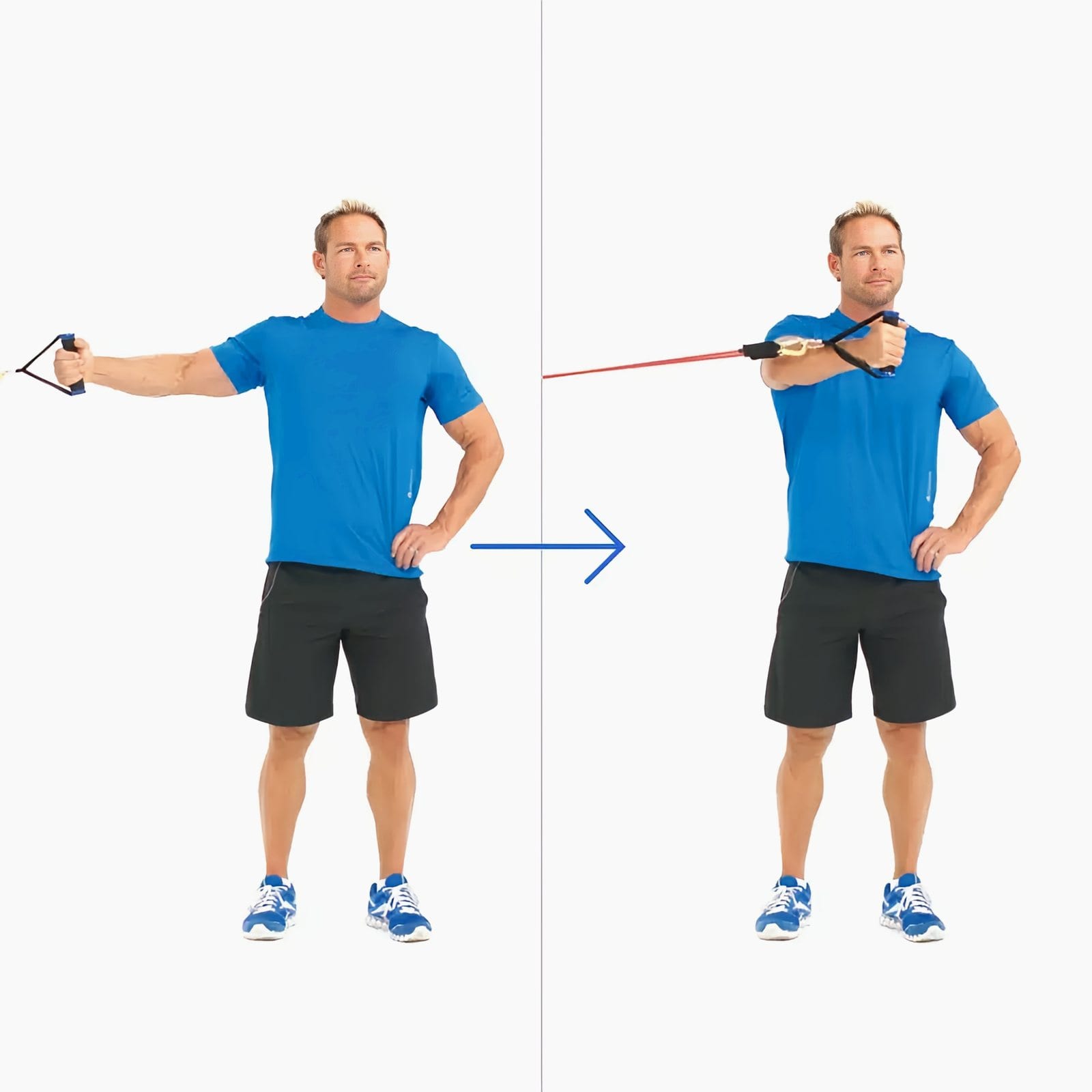 Man standing side-on to a chest-height anchor, arm straight out to the side holding a handle, then sweeping it around in front of his chest.