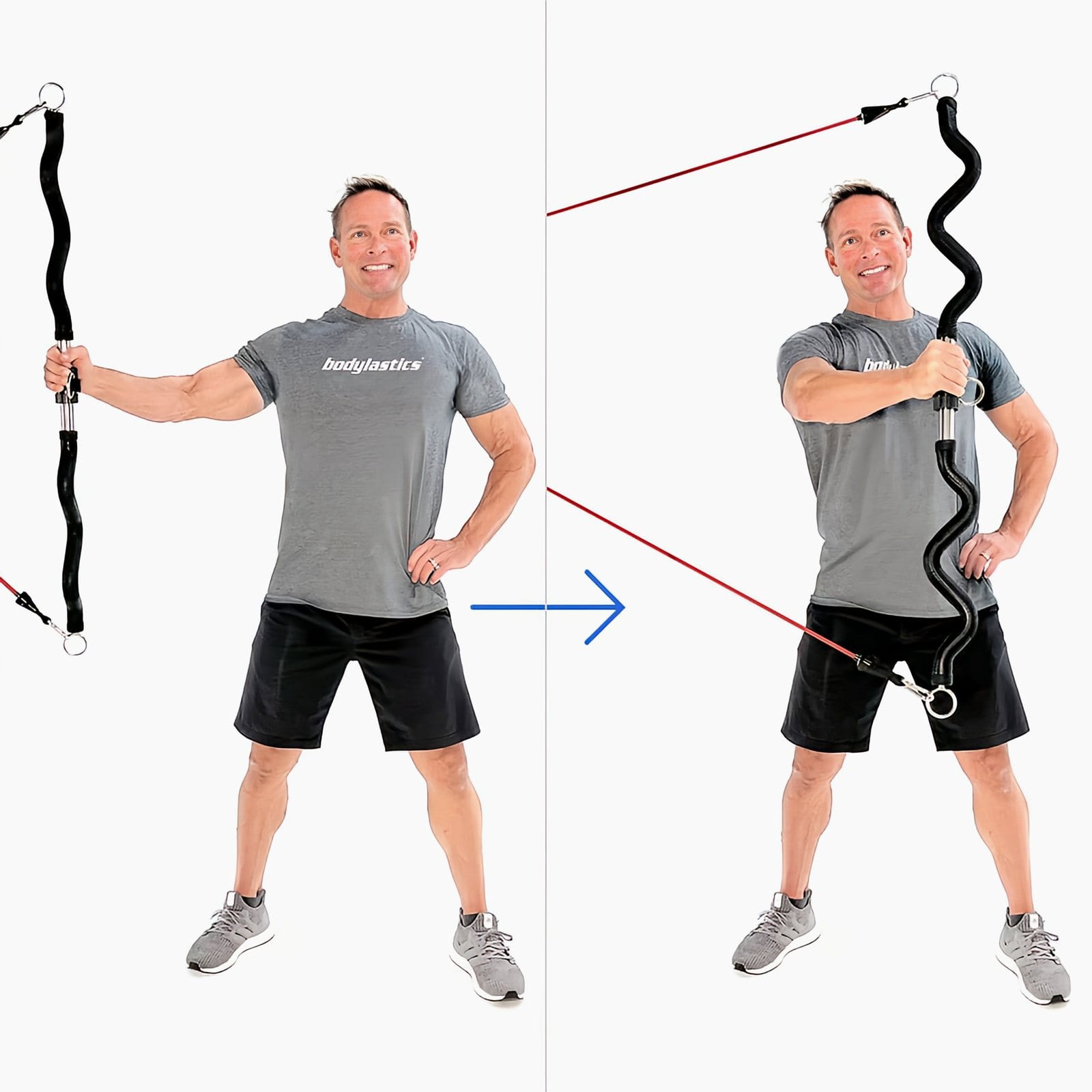 A man in a gray Bodylastics T-shirt holds a Resistance Band Bar upright in one hand out to his side, then sweeps it across to the front of his chest.