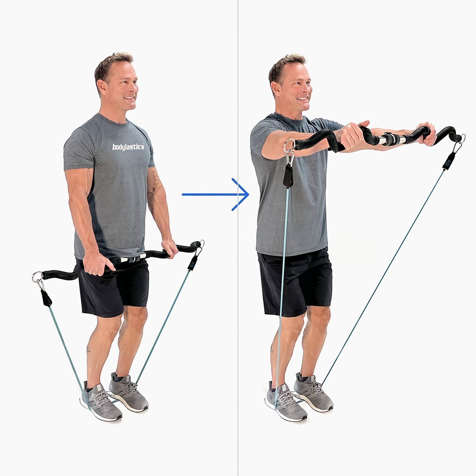A man in a gray Bodylastics T-shirt stands on bands holding a Resistance Band Bar at his thighs, then raises it straight out in front to eye level.
