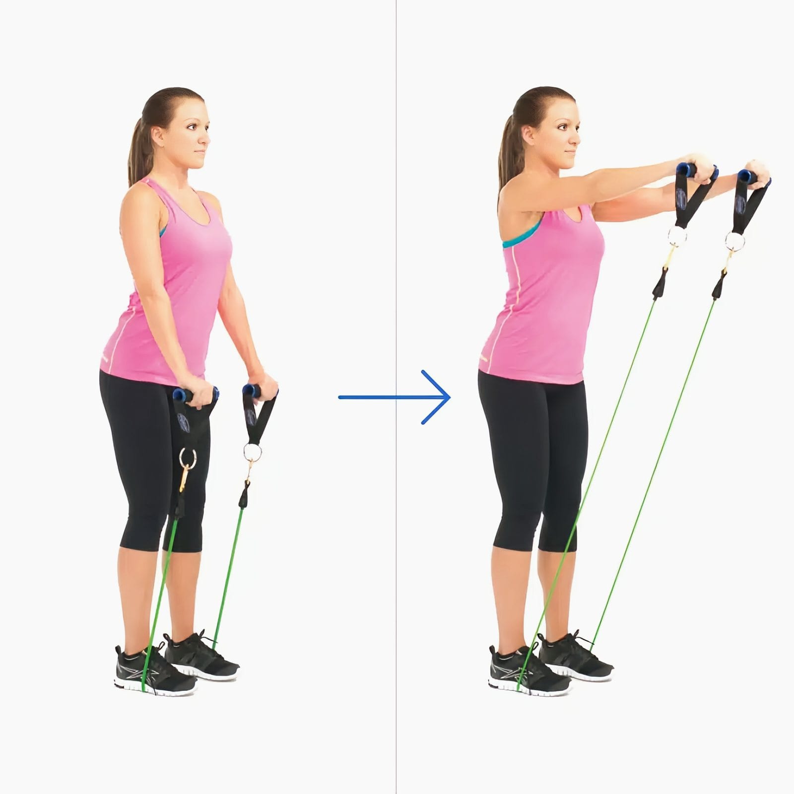 Woman stands on bands holding handles at her thighs, then raises her straight arms out in front of her.