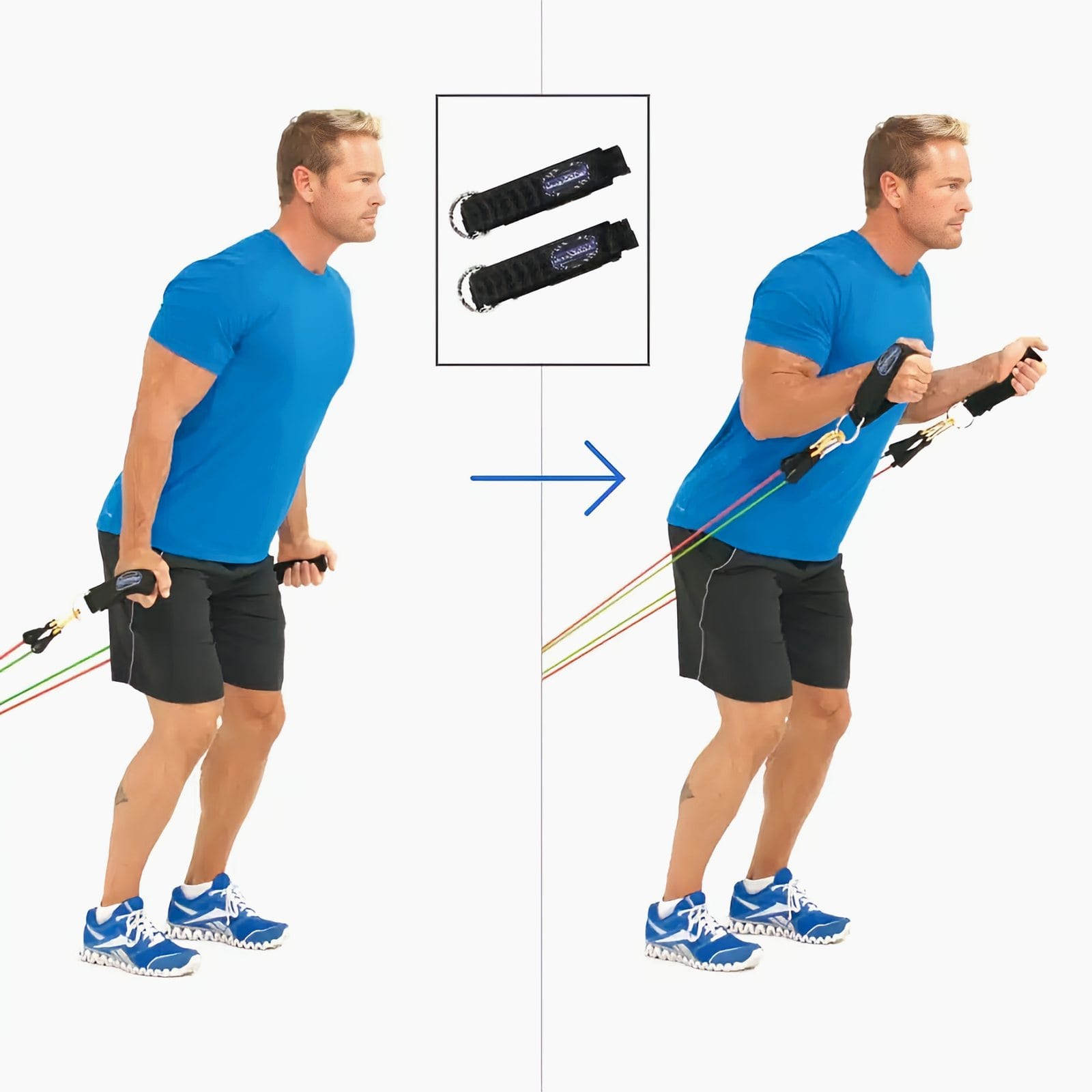 Man with his back to a low anchor, leaning slightly forward holding ankle straps, palms in, then curling them to chest height.
