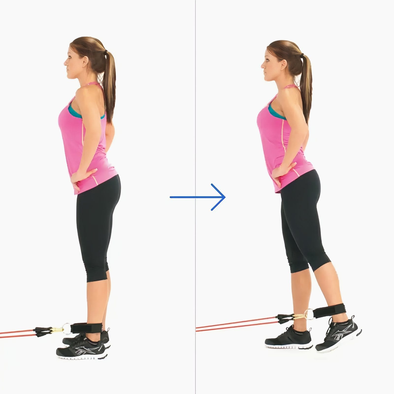 Woman faces a low door anchor with hands on hips and an ankle strap on one leg, pushing that straight leg back behind her.
