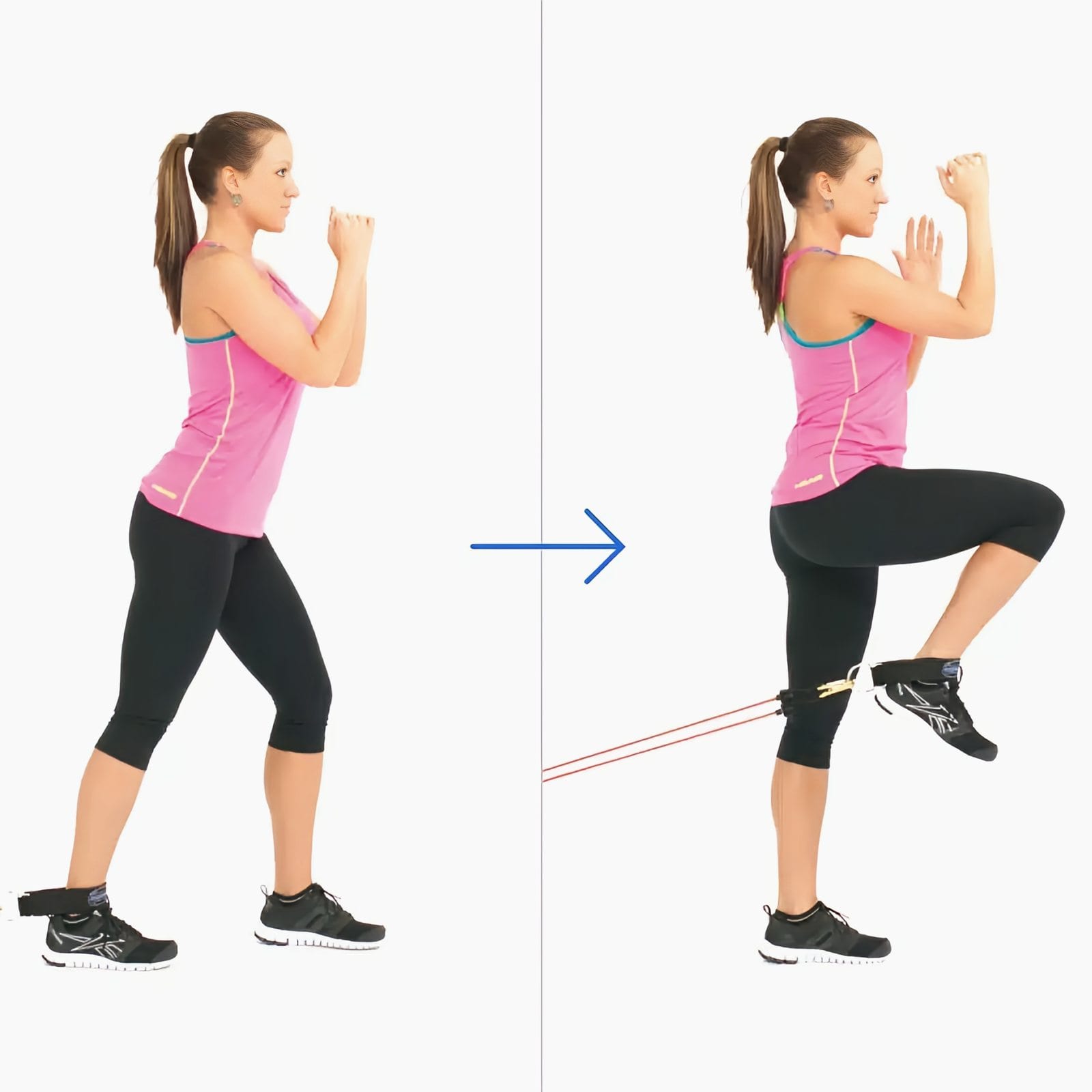 Woman with her back to a low door anchor and an ankle strap on her rear leg drives that knee up to hip height.