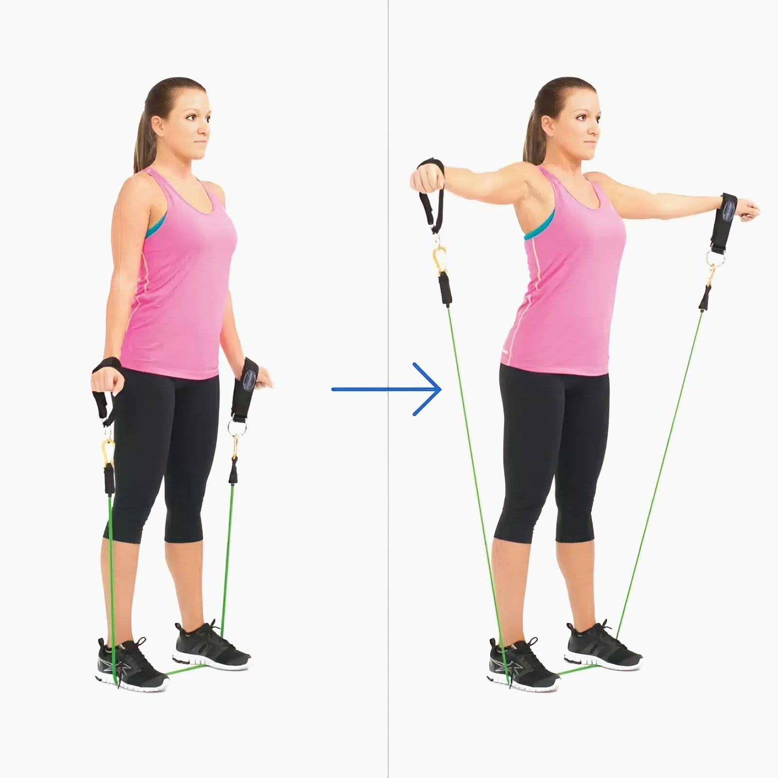 Woman stands on a band holding handles at her sides, then raises her arms out to the sides to shoulder height.