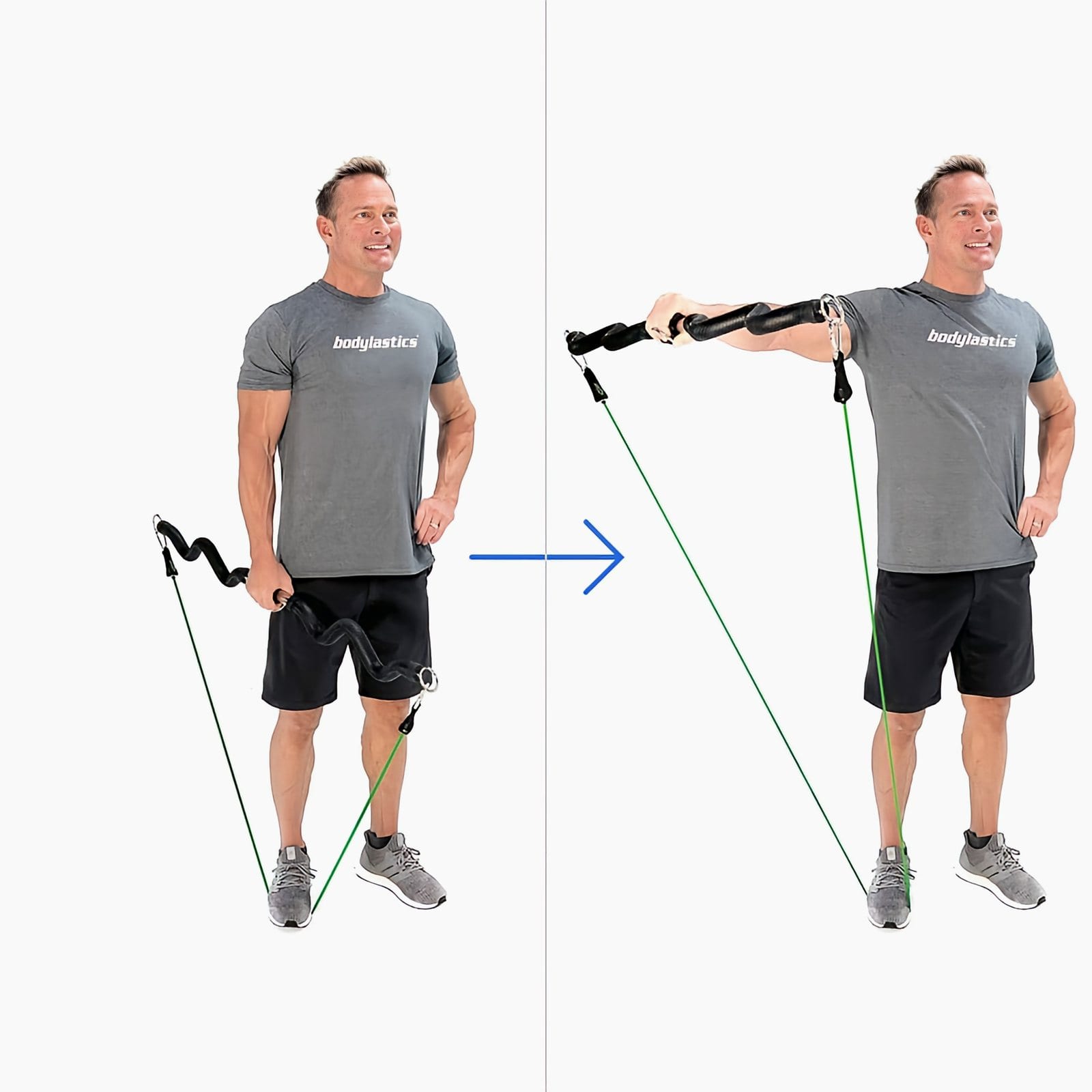 A man in a gray Bodylastics T-shirt stands on a band holding a Resistance Band Bar by its center at his side, then raises it out to shoulder height.