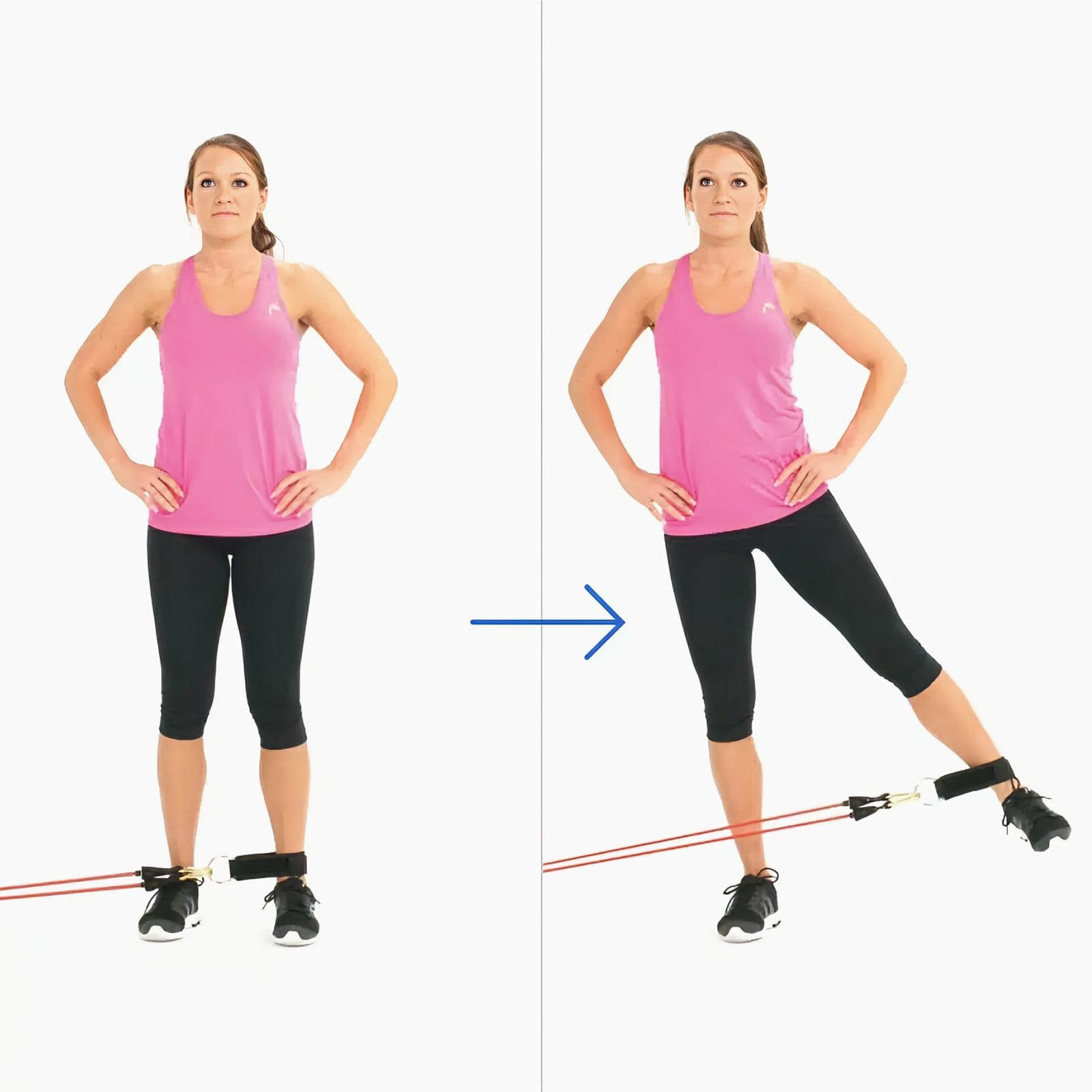 Woman with hands on hips and an ankle strap on one leg lifts that straight leg out to the side against a low-anchored band.