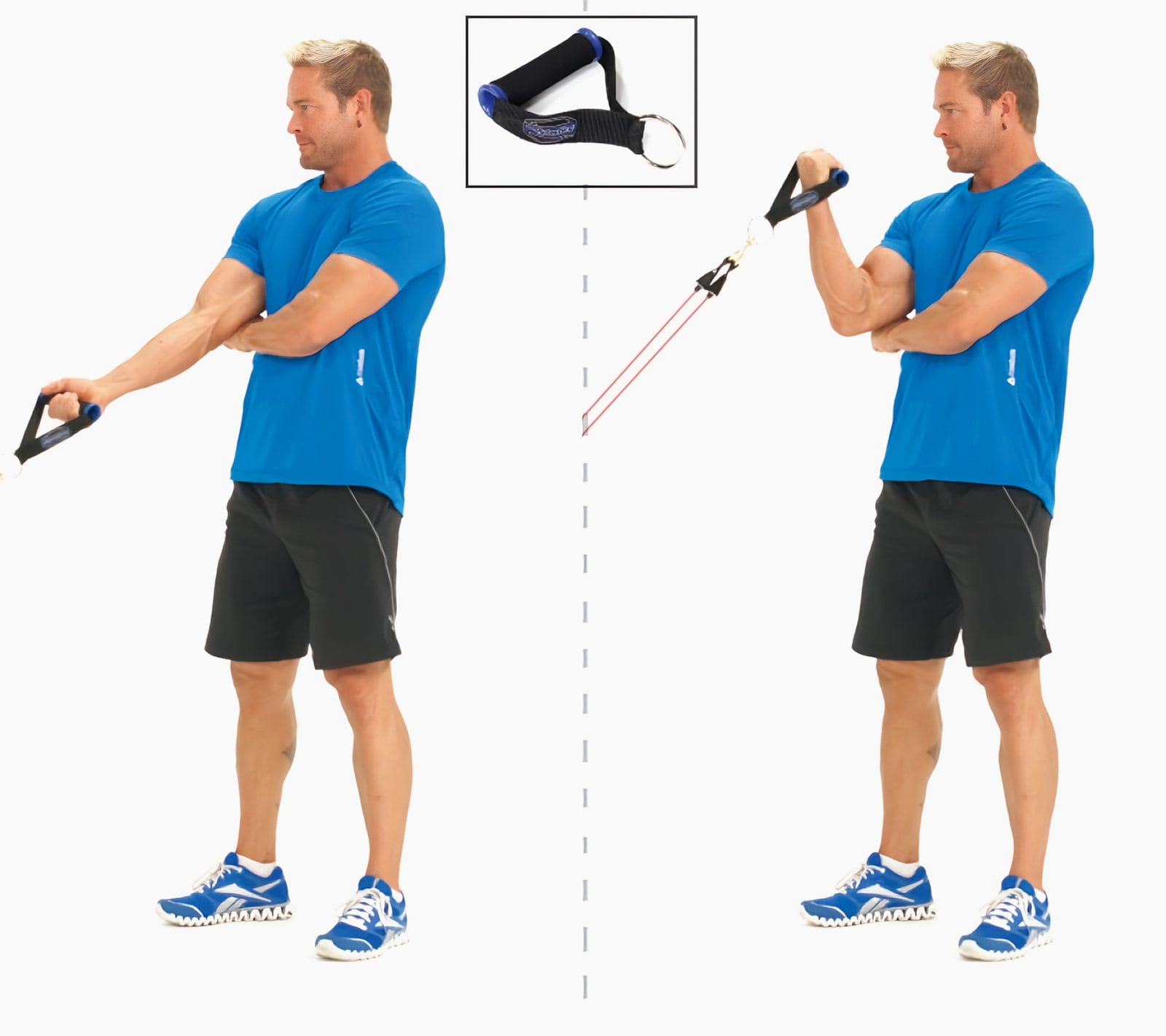Man facing a low anchor, free arm bracing his working arm, holding a handle low, then curling it up to chest height.