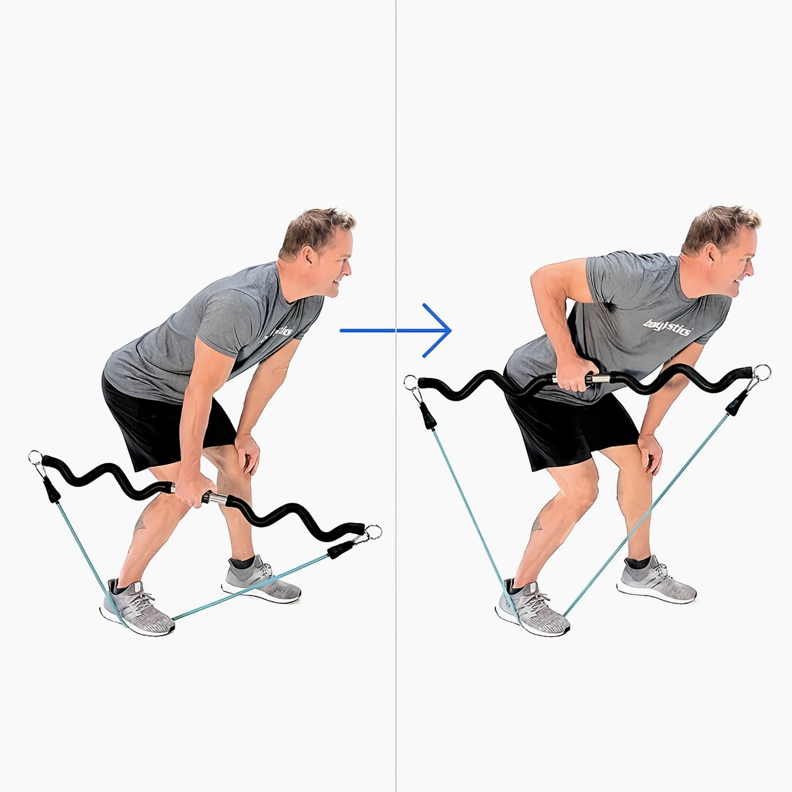 A man in a gray Bodylastics T-shirt stands half bent over on a band, one hand on his knee, and rows a Resistance Band Bar by its center up to his hip.