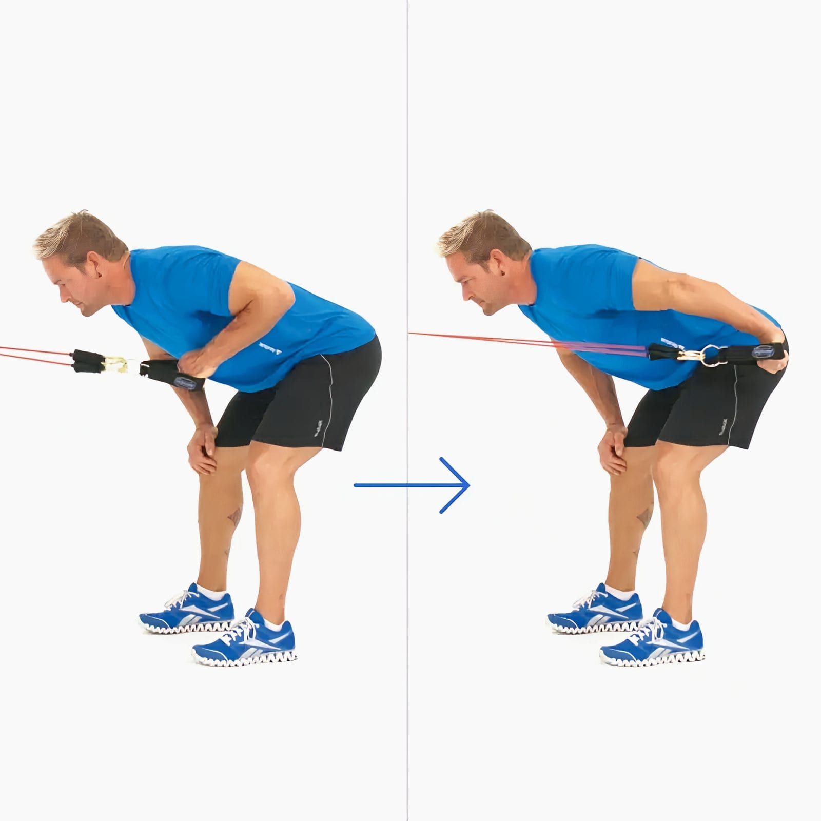 Man bent forward facing a waist-high anchor, free hand on his knee, holding an ankle strap below his chest, then pushing it back to his hip.