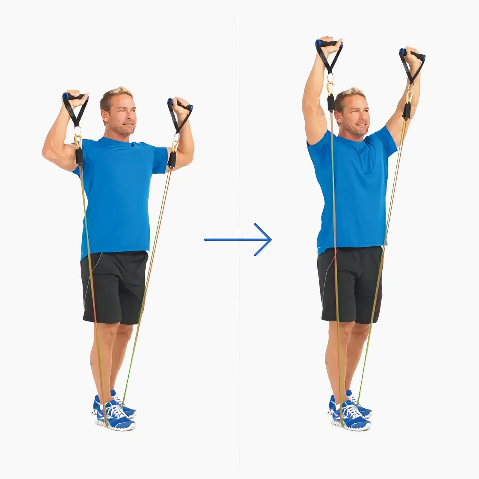 Man stands on bands holding handles in a goal post position, then presses them overhead until his arms are almost straight.