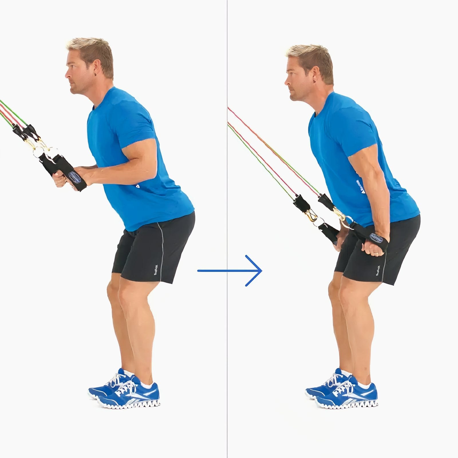 Man facing a high anchor, leaning slightly forward with ankle straps at chest height, then pushing his hands down beside his hips.