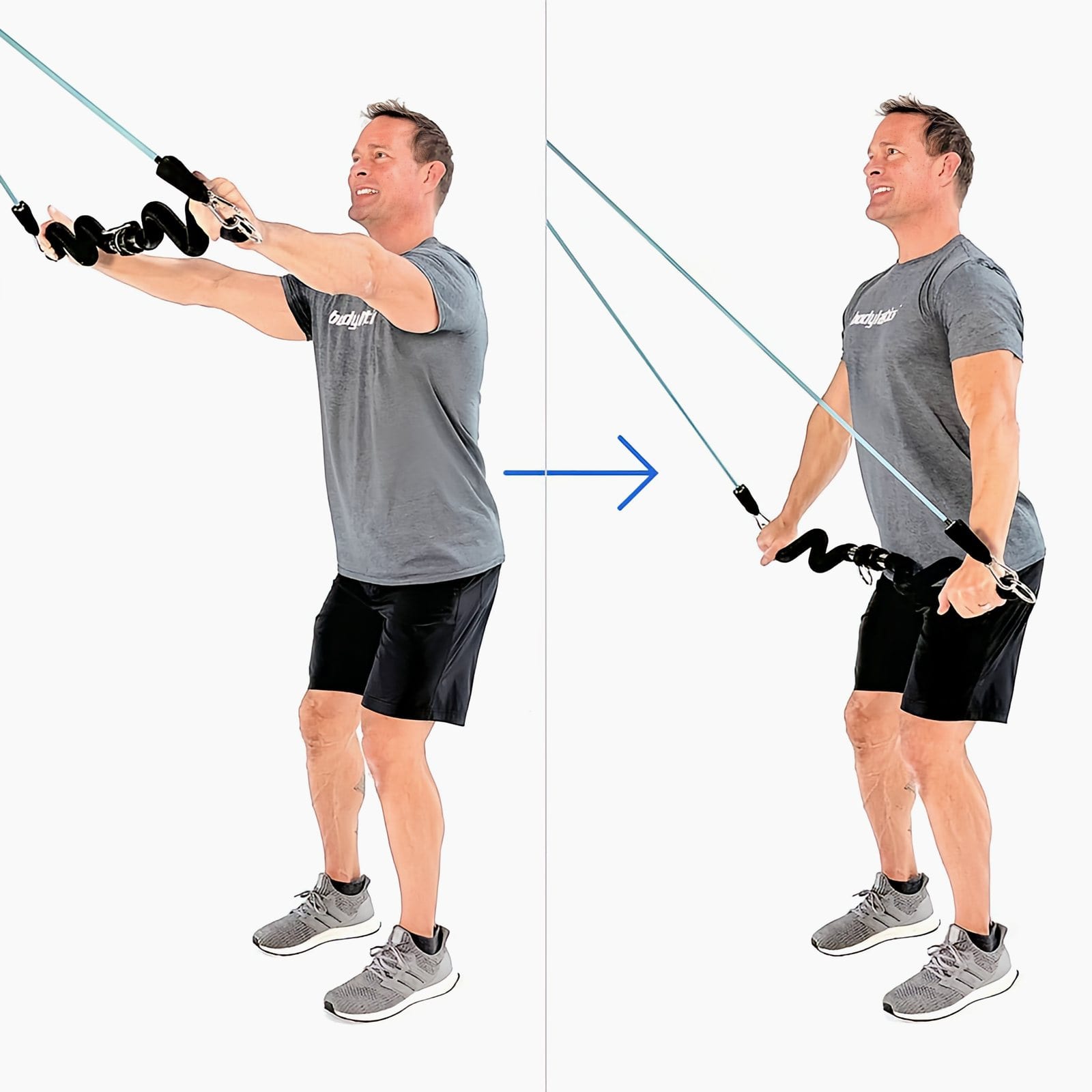 A man in a gray Bodylastics T-shirt holds a Resistance Band Bar up toward a high anchor with straight arms, then pushes it down to his thighs.