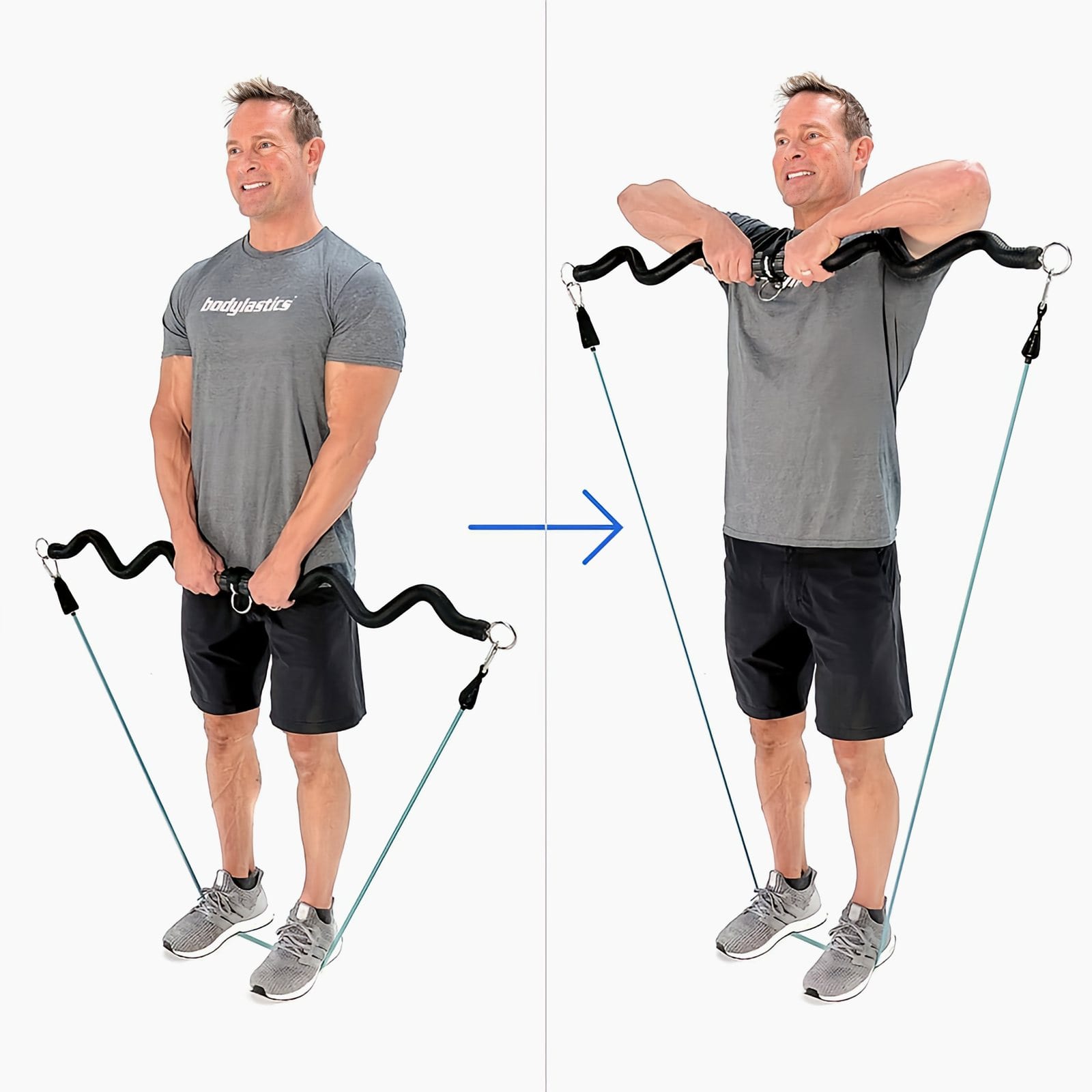 A man in a gray Bodylastics T-shirt stands on bands holding a Resistance Band Bar at his thighs, then pulls it up to his chest with elbows high.