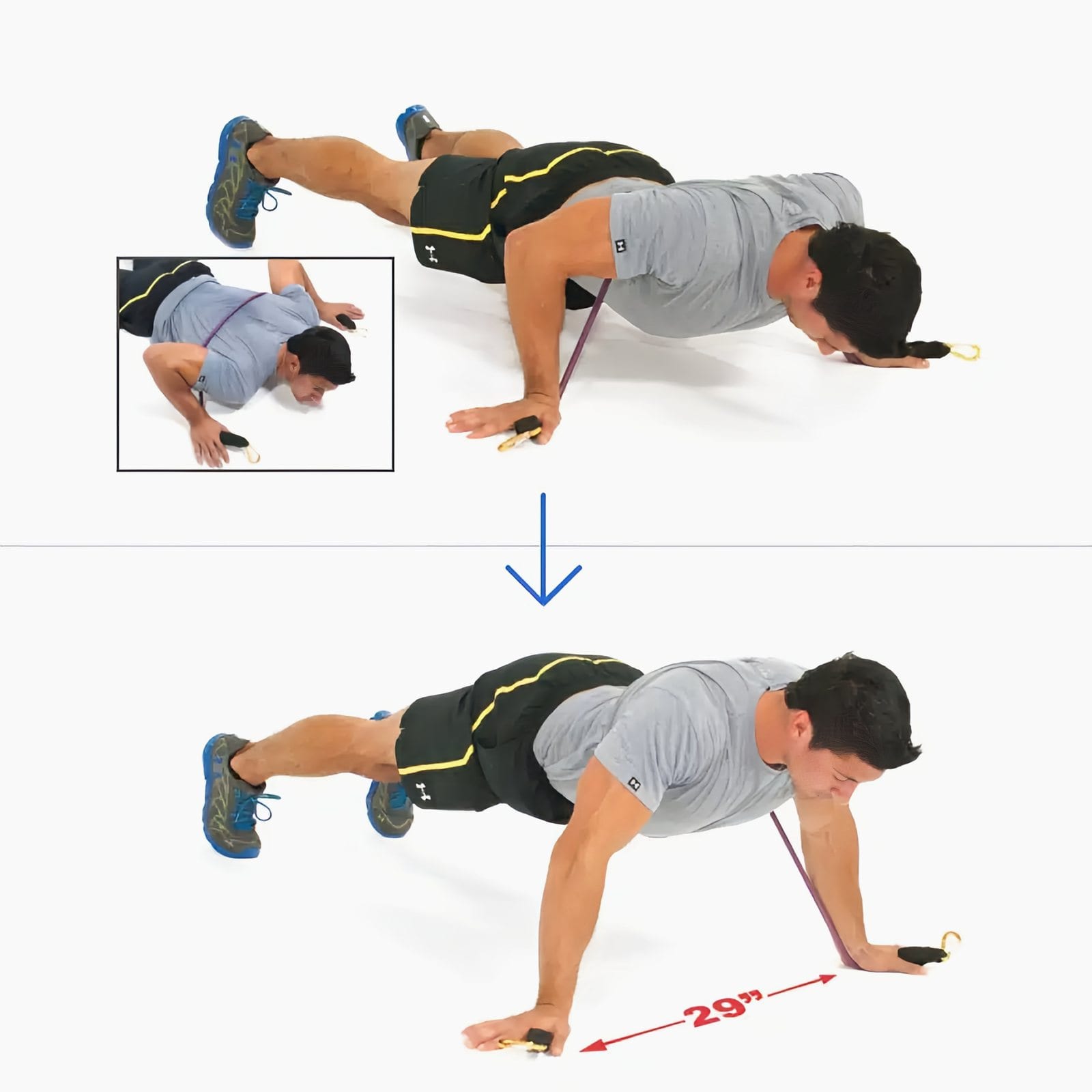 Man in a wide push-up with a band across his back and the ends under his palms, hands 29 inches apart, lowering then pushing up.