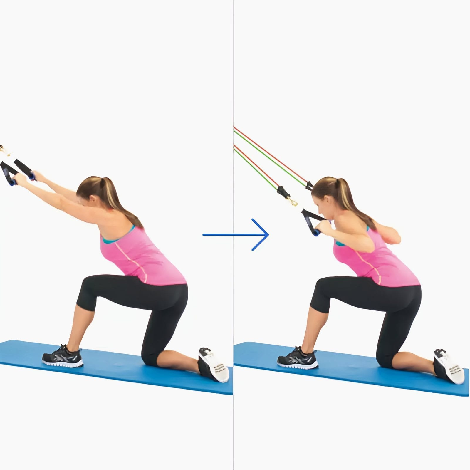 Woman kneeling on one knee reaching forward to two handles from a high anchor, then pulling them down and out until her hands reach chin level.