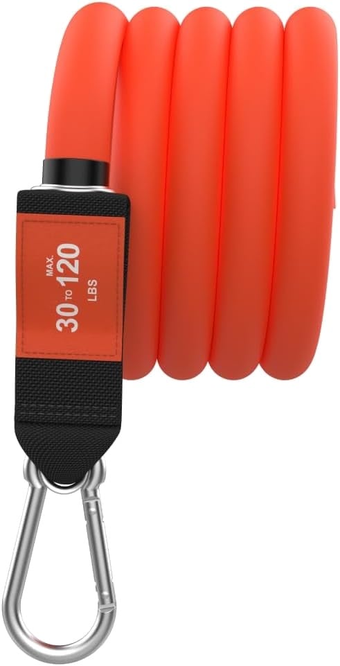 The Bodylastics orange resistance band, rated 30–120 lbs, with its clip.